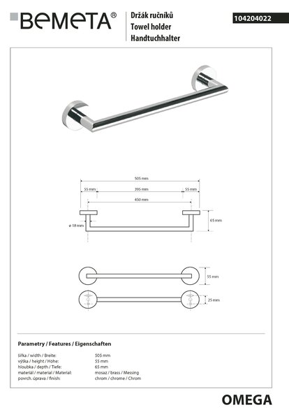 Bemeta Design OMEGA: Držák ručníků, 450 mm - 104204022