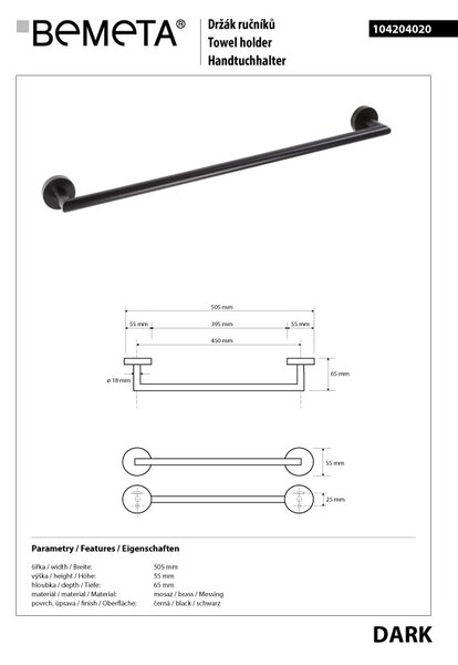 Bemeta Design DARK: Držák ručníků, 450 mm - 104204020