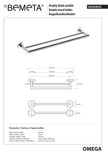 Bemeta Design OMEGA: Držák ručníků, 600 mm, dvojitý - 104204052
