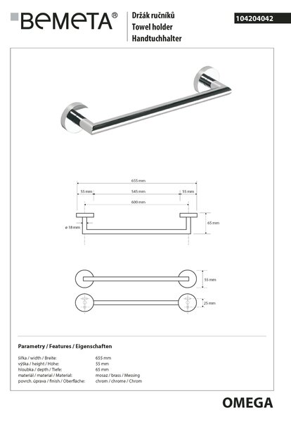 Bemeta Design OMEGA: Držák ručníků, 600 mm - 104204042