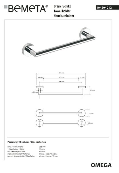 Bemeta Design OMEGA: Držák ručníků, 300 mm - 104204012