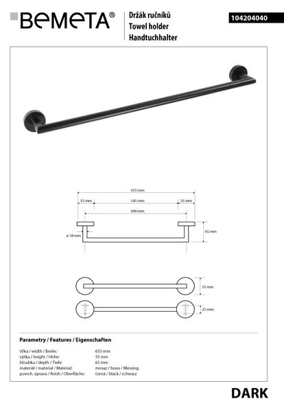 Bemeta Design DARK: Držák ručníků, 600 mm - 104204040