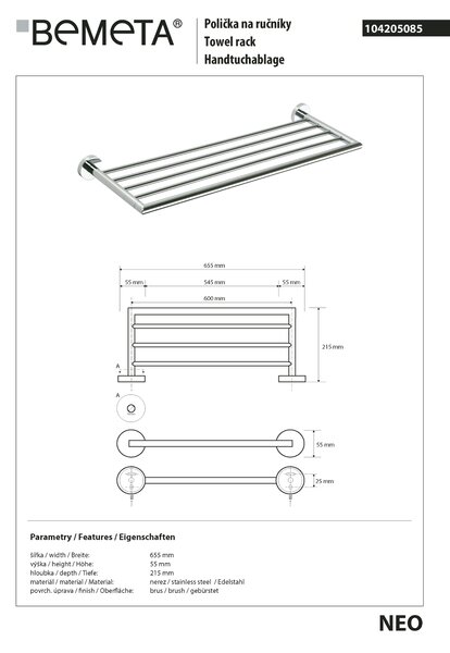 Bemeta Design NEO: Držák ručníků, 600 mm - 104205085