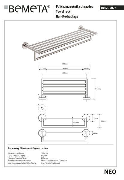 Bemeta Design NEO: Držák ručníků, 600 mm, s hrazdou - 104205075