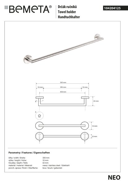 Bemeta Design NEO: Držák ručníků, 450 mm - 104204125