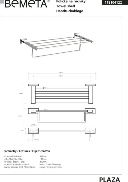 Bemeta Design PLAZA: Držák ručníků, 535 mm, s hrazdou - 118104122