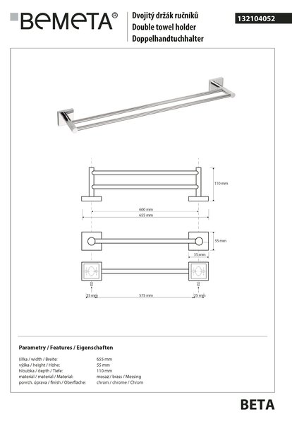 Bemeta Design BETA: Držák ručníků, 600 mm, dvojitý - 132104052