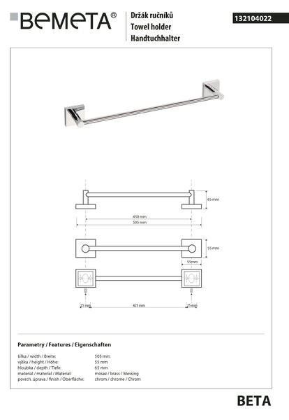 Bemeta Design BETA: Držák ručníků, 450 mm - 132104022