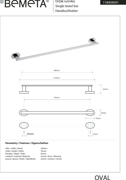 Bemeta Design OVAL: Držák ručníků, 560 mm - 118404041