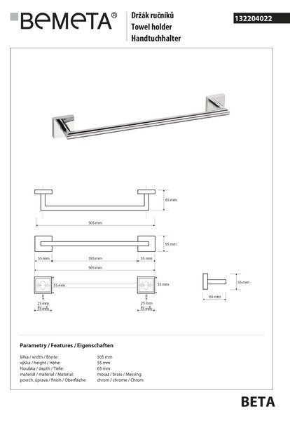Bemeta Design BETA: Držák ručníků, 450 mm - 132204022