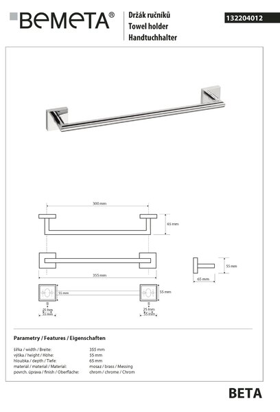 Bemeta Design BETA: Držák ručníků, 300 mm - 132204012