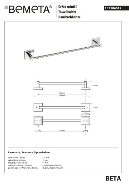 Bemeta Design BETA: Držák ručníků, 300 mm - 132104012