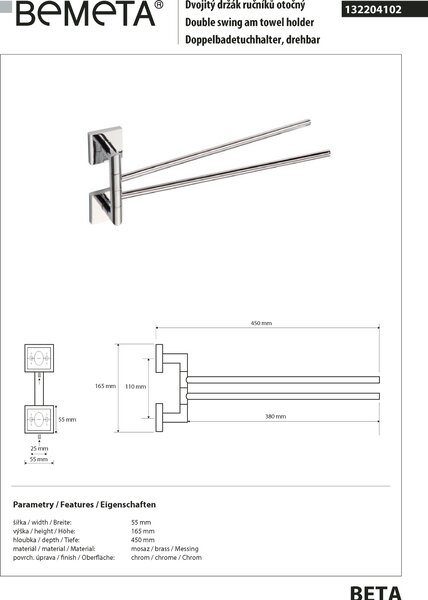 Bemeta Design BETA: Držák ručníků, 450 mm, dvojitý, otočný - 132204102
