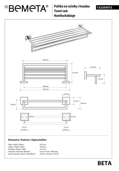 Bemeta Design BETA: Držák ručníků, 600 mm, s hrazdou - 132205072