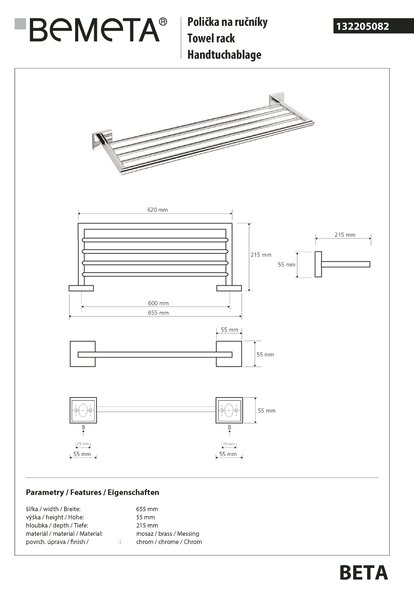 Bemeta Design BETA: Držák ručníků, 600 mm - 132205082