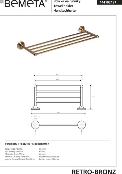 Bemeta Design RETRO bronz: Držák ručníků, 605 mm - 144102187