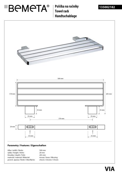 Bemeta Design VIA: Držák ručníků, 370 mm - 135002182