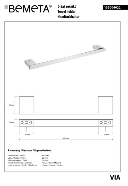 Bemeta Design VIA: Držák ručníků, 410 mm - 135004022