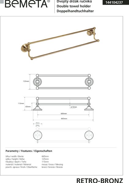 Bemeta Design RETRO bronz: Držák ručníků, 600 mm, dvojitý - 144104237