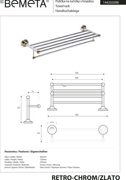 Bemeta Design RETRO gold-chrom: Držák ručníků, 605 mm, s hrazdou - 144202098