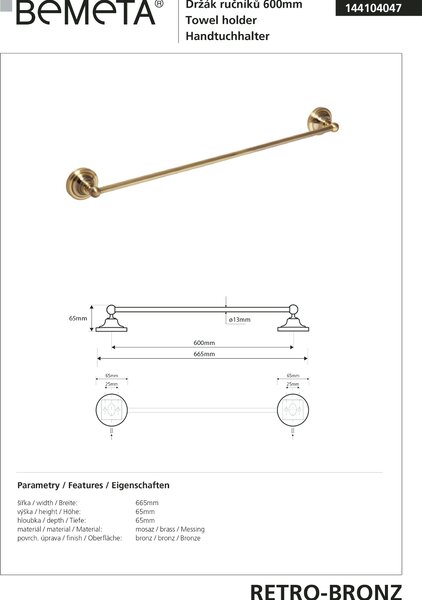 Bemeta Design RETRO bronz: Držák ručníků, 600 mm - 144104047