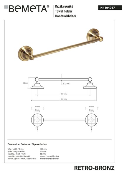 Bemeta Design RETRO bronz: Držák ručníků, 300 mm - 144104017
