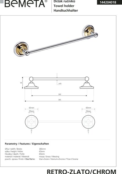 Bemeta Design RETRO gold-chrom: Držák ručníků, 300 mm - 144204018