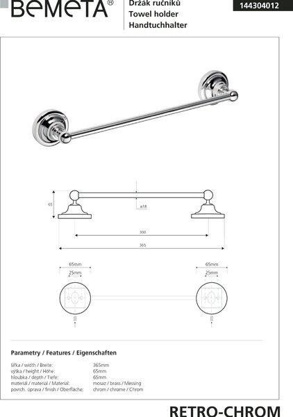 Bemeta Design RETRO chrom: Držák ručníků, 300 mm - 144304012
