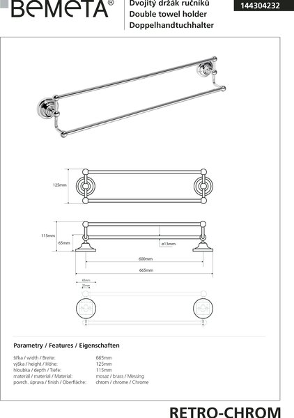 Bemeta Design RETRO chrom: Držák ručníků, 600 mm, dvojitý - 144304232