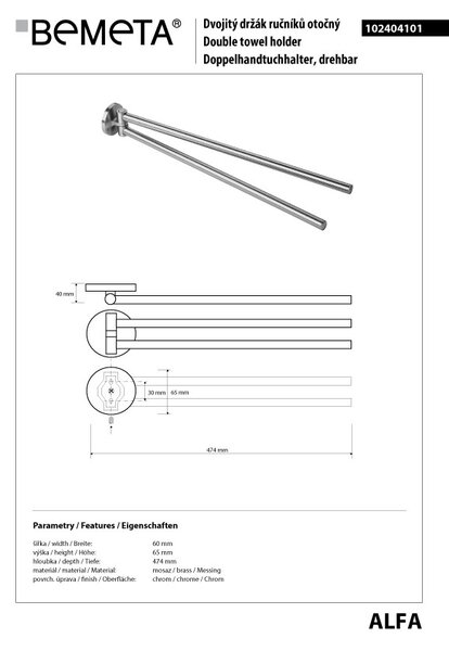 Bemeta Design ALFA: Držák ručníků, 475 mm, dvojitý, otočný - 102404101