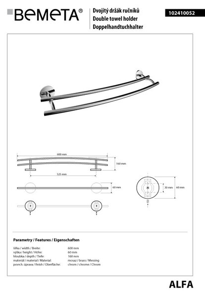 Bemeta Design ALFA: Držák ručníků, 525 mm, dvojitý - 102410052