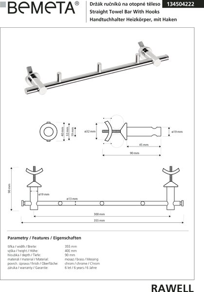 Bemeta Design RAWELL: Držák ručníků na topné těleso, 300 mm, s háčky, lesk - 134504222