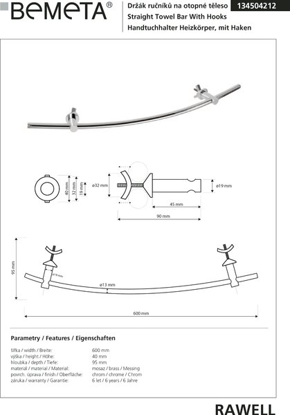 Bemeta Design RAWELL: Držák ručníků na topné těleso, 600 mm, lesk - 134504212