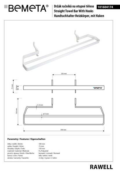 Bemeta Design RAWELL: Držák ručníků na topné těleso 320 mm, bílá - 101604174