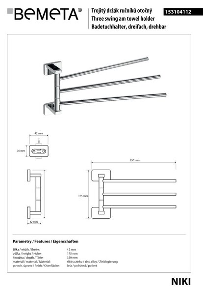 Bemeta Design NIKI: Držák ručníků, trojitý, otočný 350 mm - 153104112