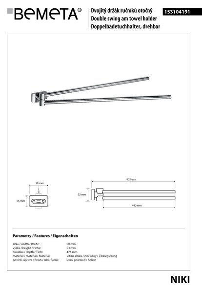 Bemeta Design NIKI: Držák ručníků, 475 mm, dvojitý, otočný - 153104191