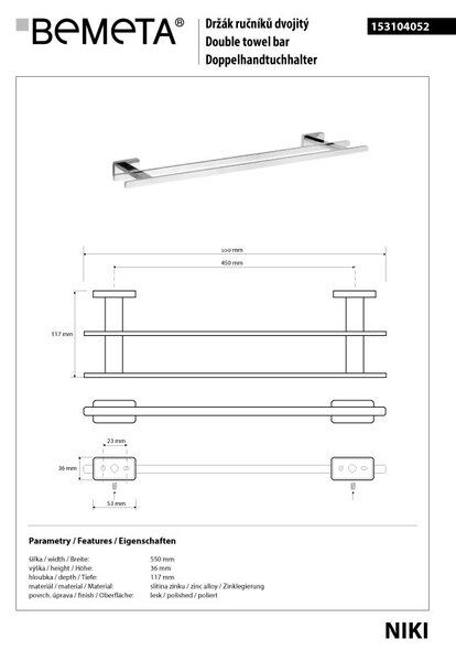 Bemeta Design NIKI: Držák ručníků, 450 mm, dvojitý - 153104052