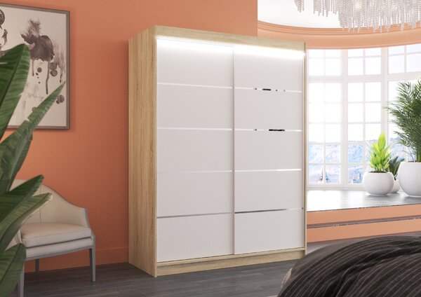 ADRK Šatní skříň posuvná s LED osvětlením LUFT S-W 150 L, bílá/dub sonoma