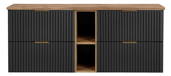 Sestava 2 koupelnových skříněk ADEL BLACK 140cm s deskou a regálem Dub Wotan