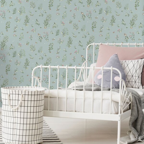 Tyrkysová vliesová tapeta s rostlinami a ptáčky, 973-2, Mika, ICH Wallcoverings