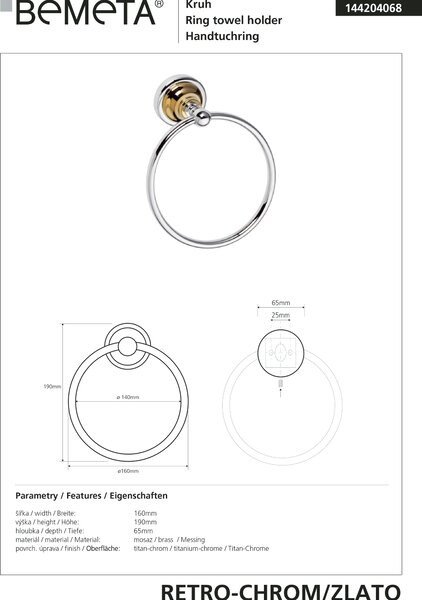 Bemeta Design RETRO gold-chrom: Držák ručníků, kruhový - 144204068