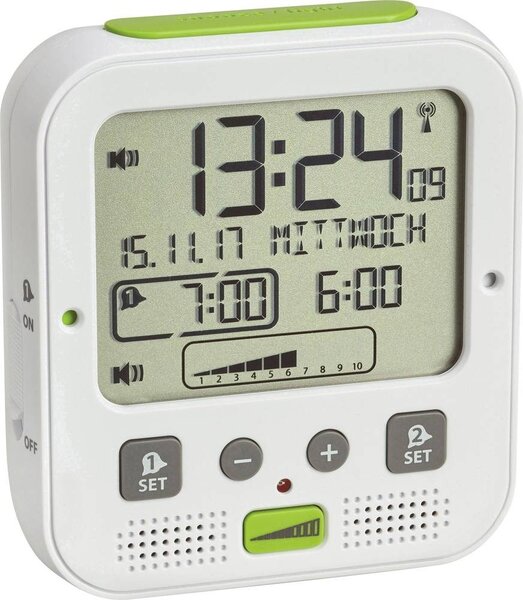 Rádiově řízený budík s vibrační jednotkou a extra hlasitým zvoněním TFA 60.2538.02 BOOM
