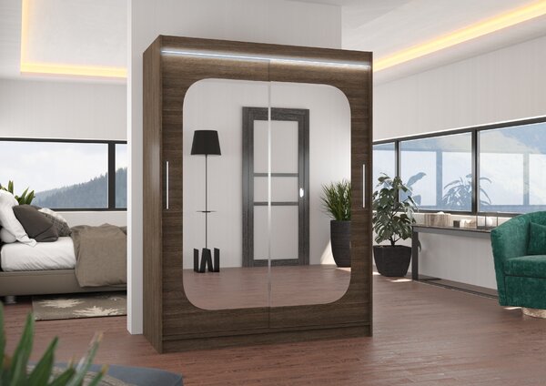 ADRK Šatní zrcadlová skříň posuvná s LED osvětlením CLEVER CH 150 L, choco