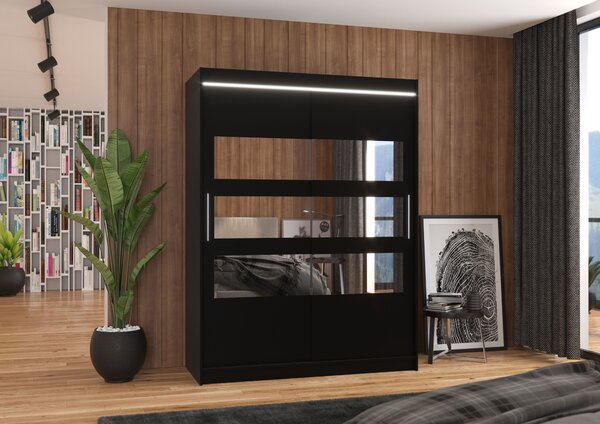ADRK Šatní zrcadlová skříň posuvná s LED osvětlením FLORENTO B 150 L, černá