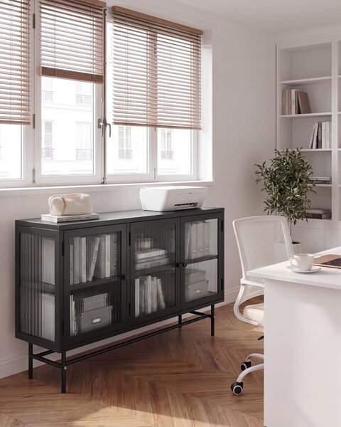 Prosklená komoda DEVON 115 cm Kov Černá