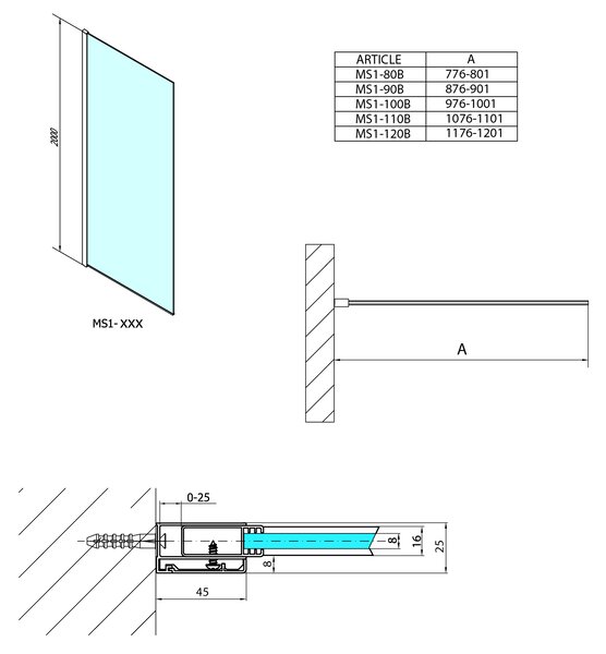 Polysan Polysan, MODULAR SHOWER BLACK stěna pro instalaci na zeď, jednodílná, 800 mm, MS1-80B