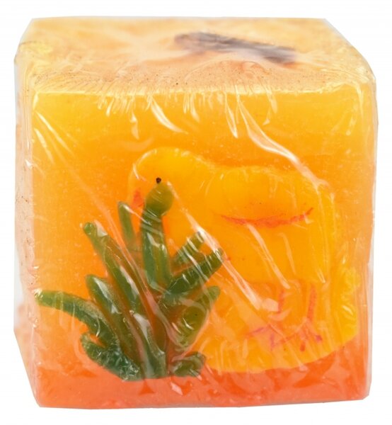 Svíčka hranol oranžová s kuřátkem 5x5x5 cm