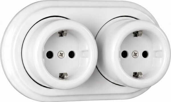 Elhard - Dvojitá nástěnná keramická retro zásuvka s rámečkem SCHUKO 230V bílá