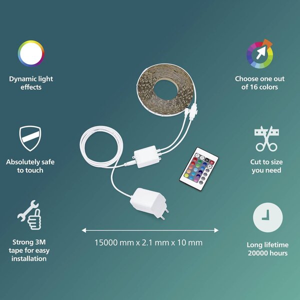 LED pásek Philips RGB, s ovladačem, 15m, AC 220–240, IP20