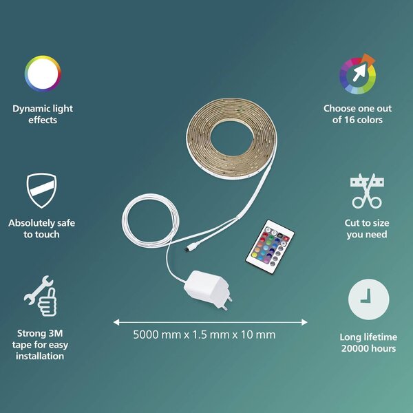 LED pásek Philips RGB, s ovladačem, 5m, AC 220–240, IP20